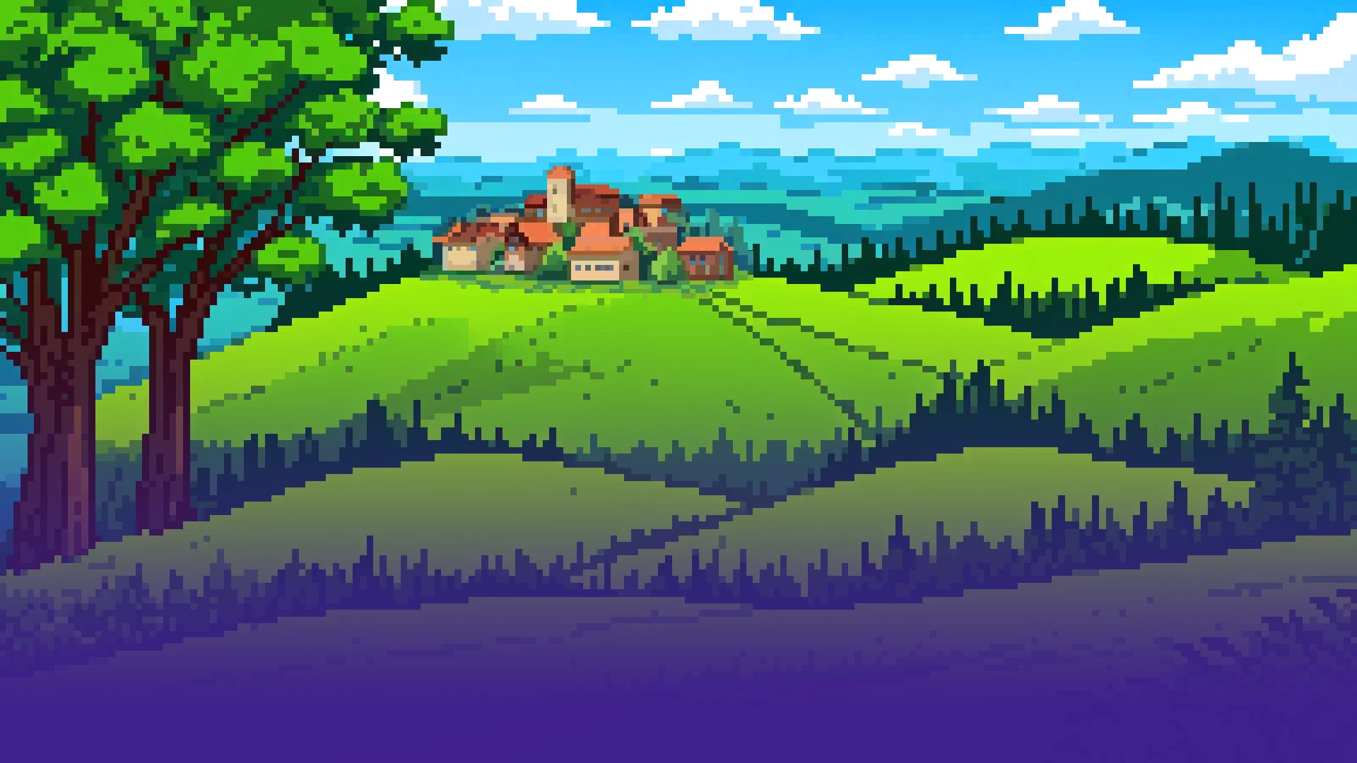 A clean pixel-art countryside after pollution removal.
